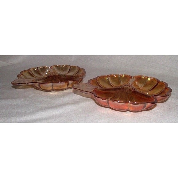 Jeannette Glass Iridescent 2 Leaf Dish Marigold Carnival Glass Clover Candy Nuts - Picture 5 of 6